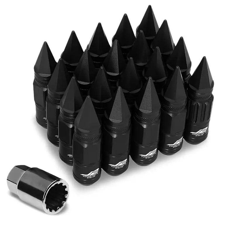 16Pcs J2 Engineering Forged Aluminum Black Lug Nut [Open Knurled End Acorn Lock W/ Spike Cap T7-012] [Conical Seat / M12 X 1.50] 1