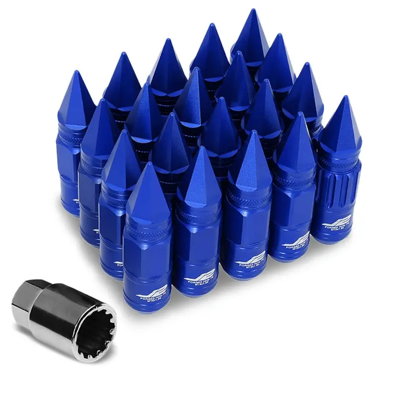 16Pcs J2 Engineering Forged Aluminum Blue Lug Nut [Open Knurled End Acorn Lock W/ Spike Cap T7-012] [Conical Seat / M12 X 1.50] 1