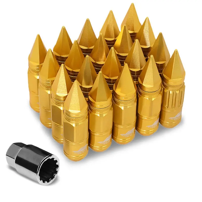 16Pcs J2 Engineering Forged Aluminum Gold Lug Nut [Open Knurled End Acorn Lock W/ Spike Cap T7-012] [Conical Seat / M12 X 1.50] 1