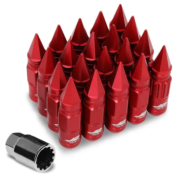 16Pcs J2 Engineering Forged Aluminum Red Lug Nut [Open Knurled End Acorn Lock W/ Spike Cap T7-012] [Conical Seat / M12 X 1.50] 1