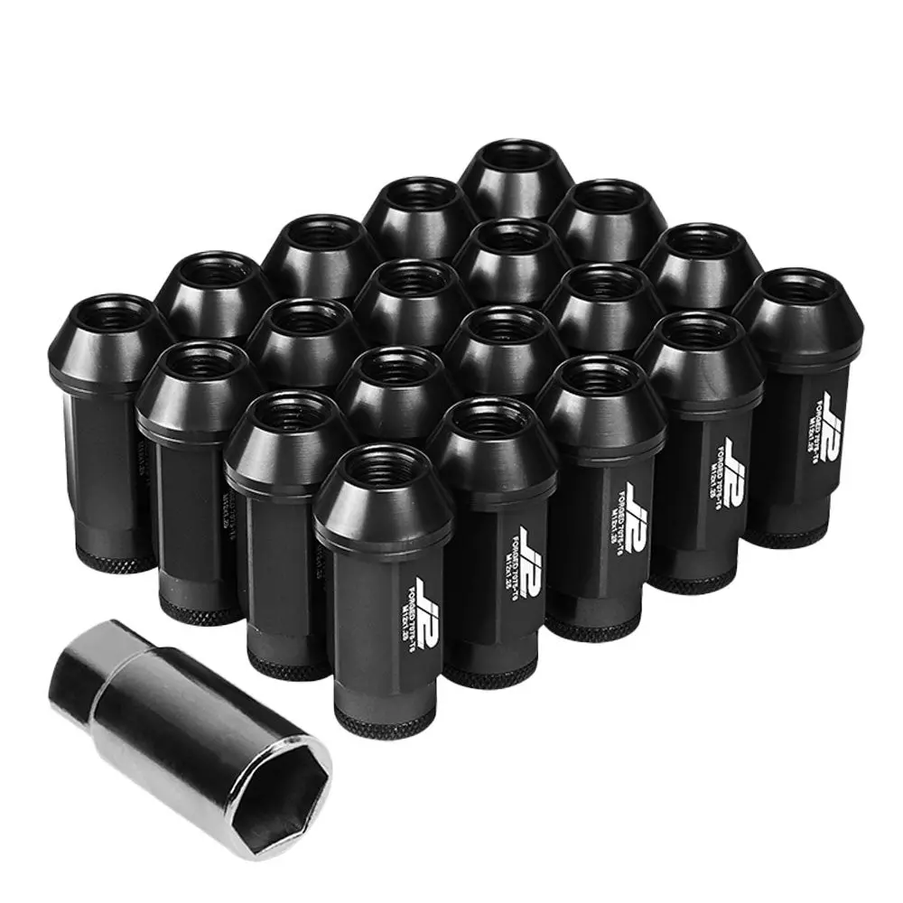 20Pcs J2 Engineering Forged Aluminum Black Lug Nut [Open Knurled End Acorn T7-013] [Conical Seat / M12 X 1.25] 1