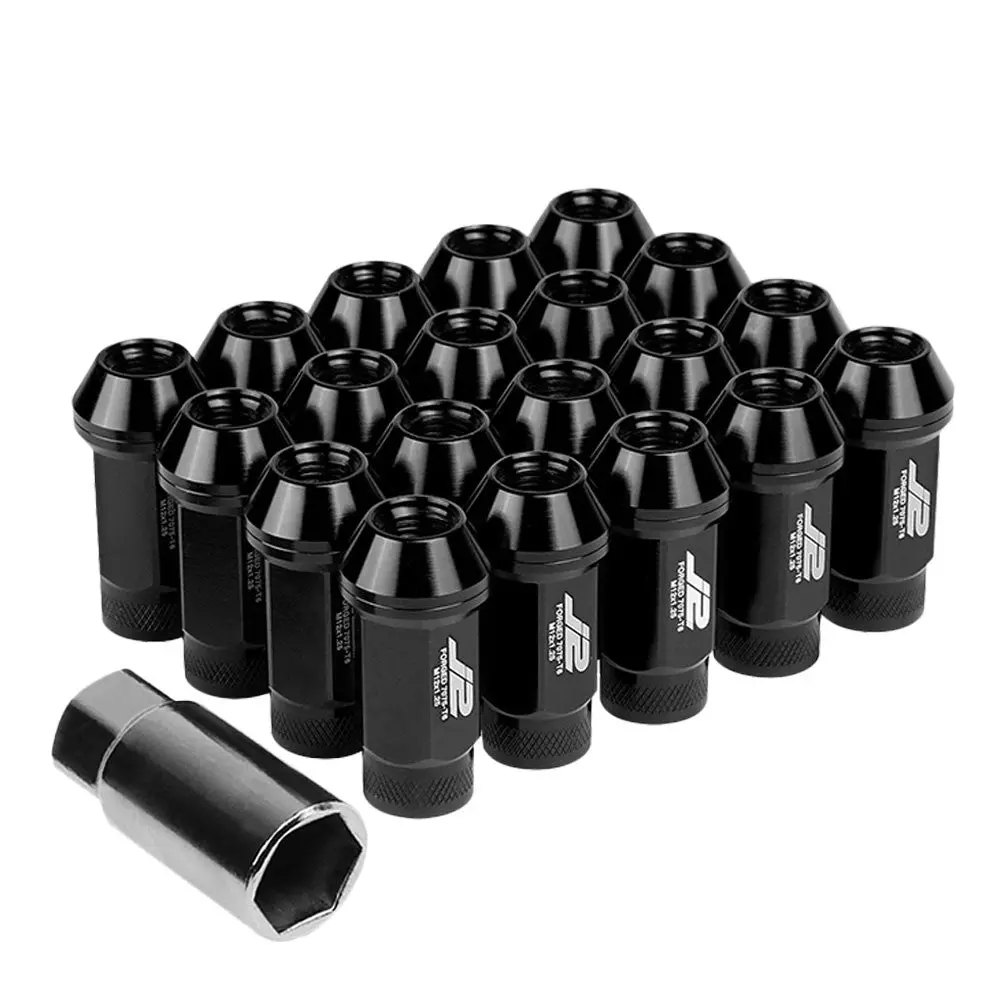 20Pcs J2 Engineering Forged Aluminum Black Lug Nut [Open Knurled End Acorn T7-014] [Conical Seat / M12 X 1.25] 1