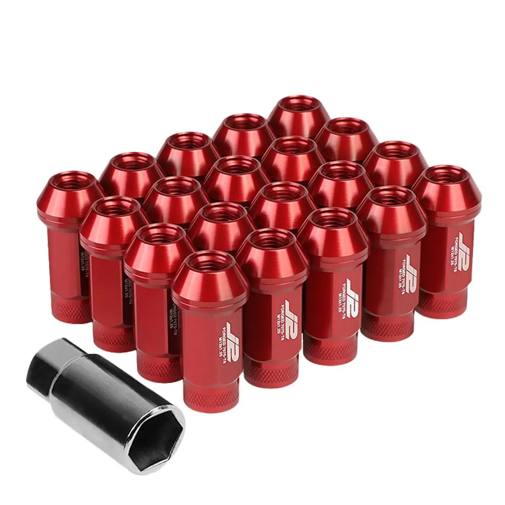 20Pcs J2 Engineering Forged Aluminum Red Lug Nut [Open Knurled End Acorn T7-014] [Conical Seat / M12 X 1.25] 1