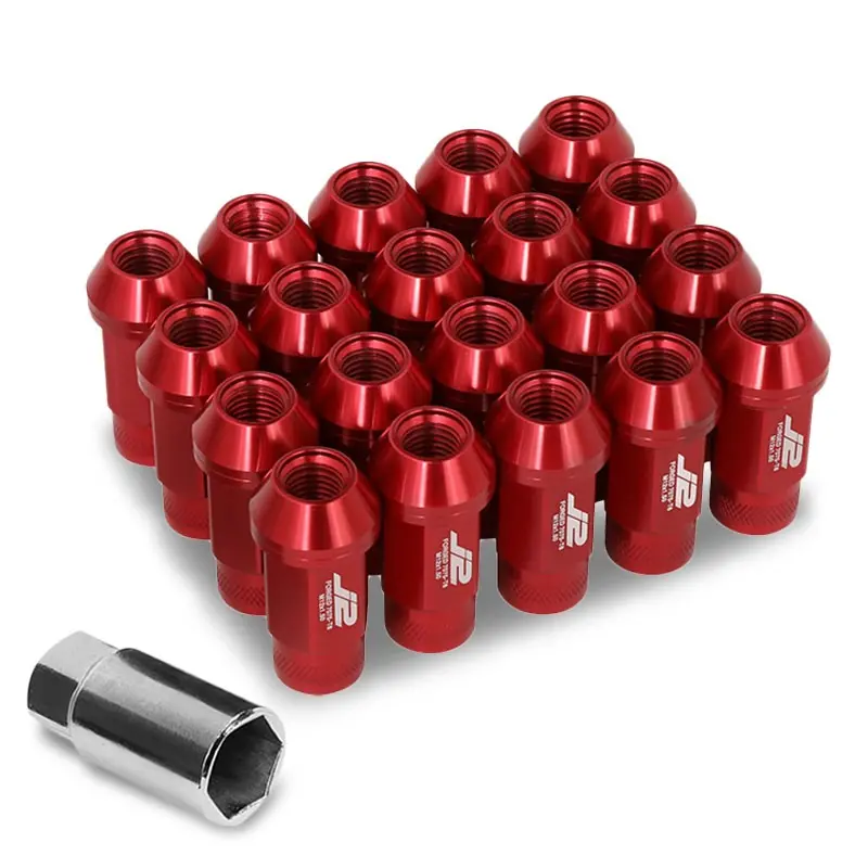 20Pcs J2 Engineering Forged Aluminum Red Lug Nut [Open Knurled End Acorn T7-014] [Conical Seat / M12 X 1.50] 1