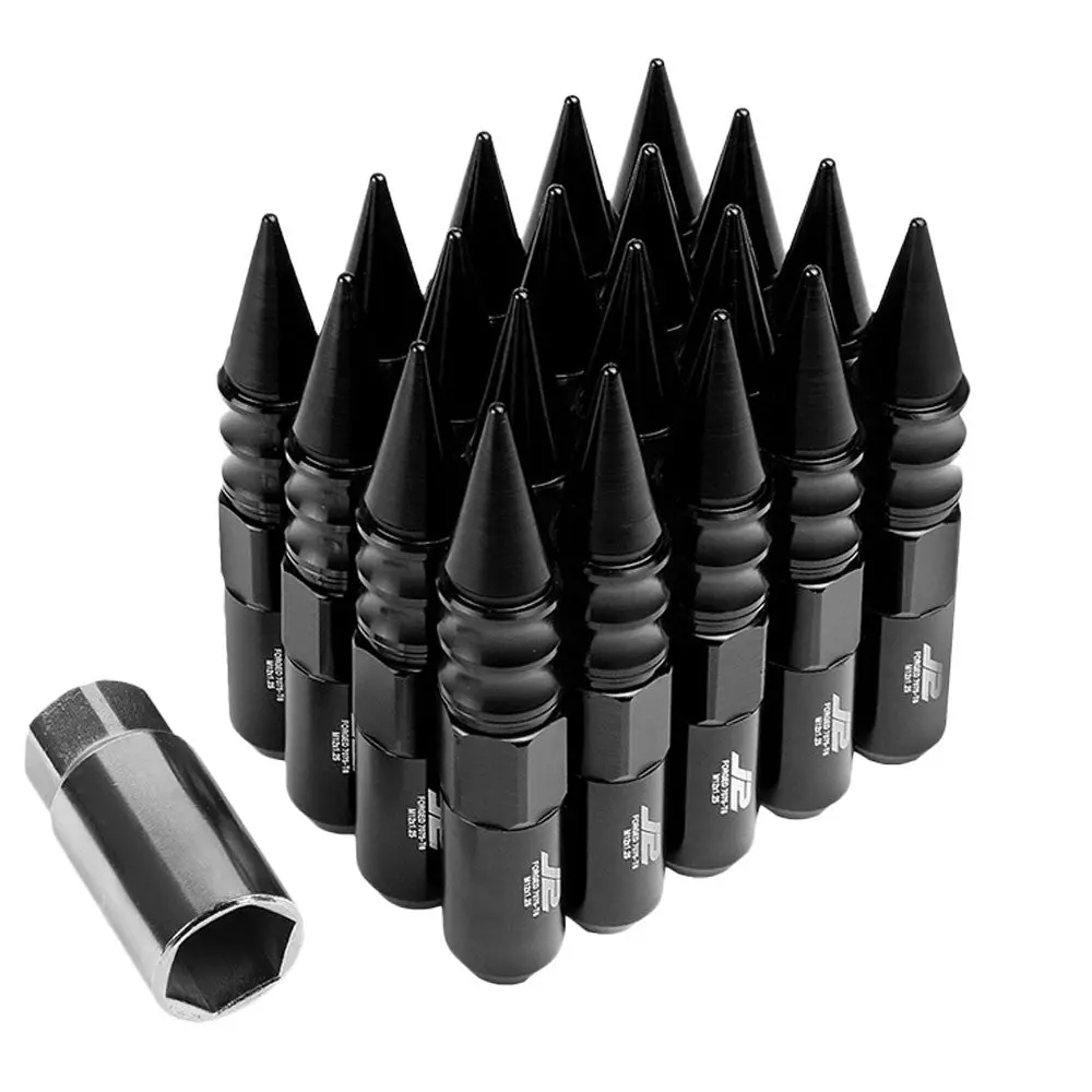 20Pcs J2 Engineering Forged Aluminum Black Lug Nut [Open End Acorn W/ Spike Cap T7-015] [Conical Seat / M12 X 1.25] 1