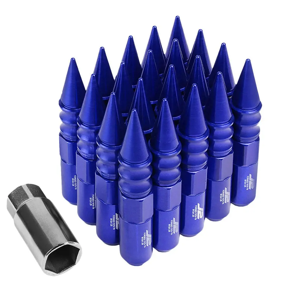20Pcs J2 Engineering Forged Aluminum Blue Lug Nut [Open End Acorn W/ Spike Cap T7-015] [Conical Seat / M12 X 1.25] 1