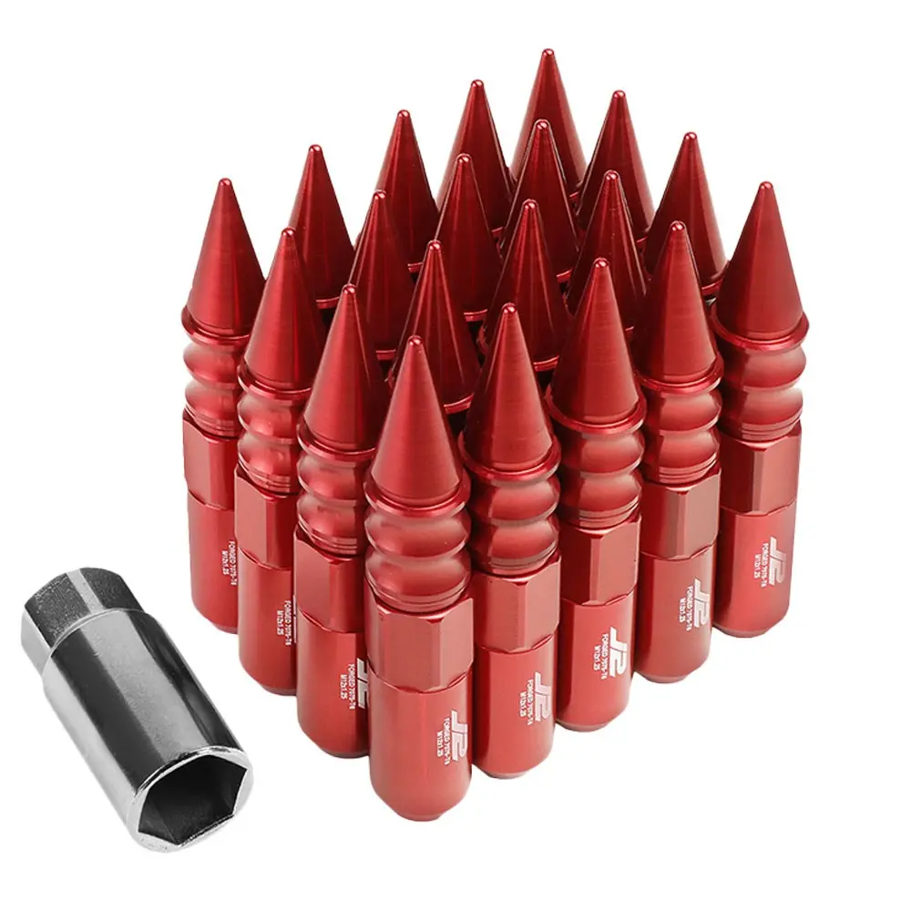 20Pcs J2 Engineering Forged Aluminum Red Lug Nut [Open End Acorn W/ Spike Cap T7-015] [Conical Seat / M12 X 1.25] 1