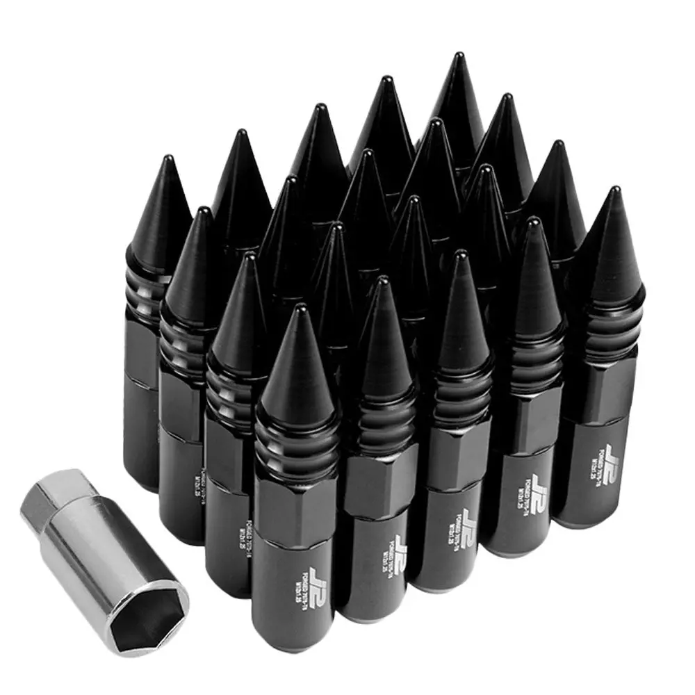 20Pcs J2 Engineering Forged Aluminum Black Lug Nut [Open End Acorn W/ Spike Cap T7-016] [Conical Seat / M12 X 1.25] 1