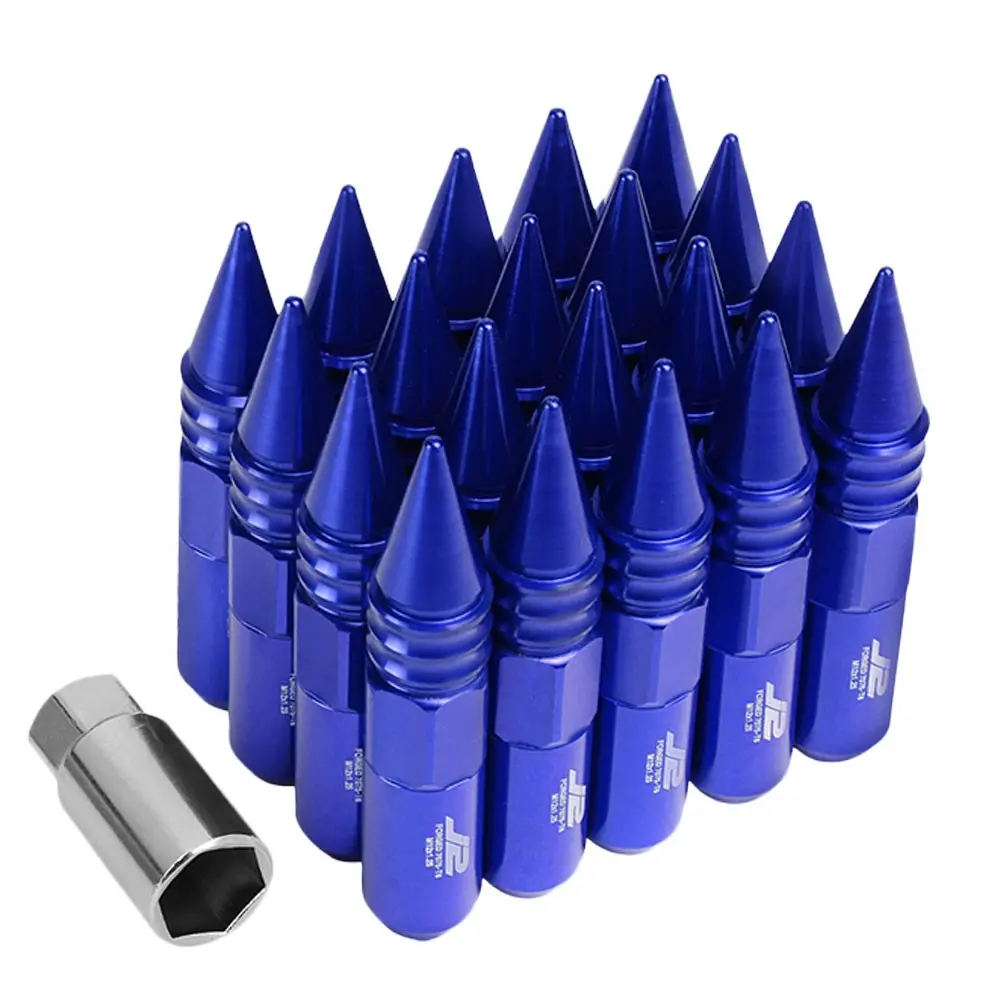20Pcs J2 Engineering Forged Aluminum Blue Lug Nut [Open End Acorn W/ Spike Cap T7-016] [Conical Seat / M12 X 1.25] 1