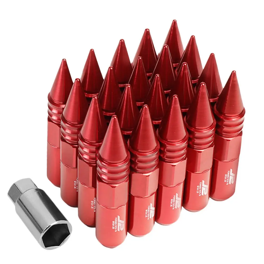 20Pcs J2 Engineering Forged Aluminum Red Lug Nut [Open End Acorn W/ Spike Cap T7-016] [Conical Seat / M12 X 1.25] 1