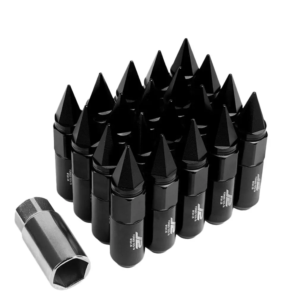 20Pcs J2 Engineering Forged Aluminum Black Lug Nut [Open End Acorn W/ Spike Cap T7-017] [Conical Seat / M12 X 1.25] 1