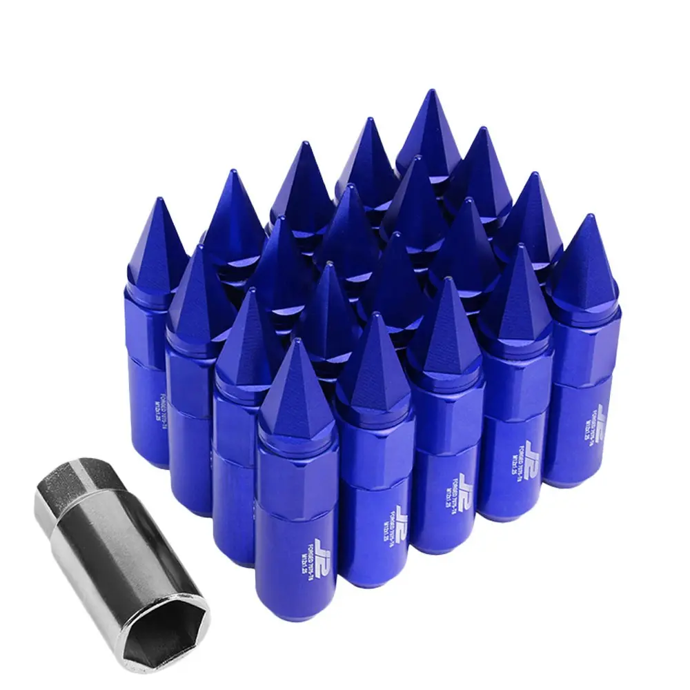 20Pcs J2 Engineering Forged Aluminum Blue Lug Nut [Open End Acorn W/ Spike Cap T7-017] [Conical Seat / M12 X 1.25] 1