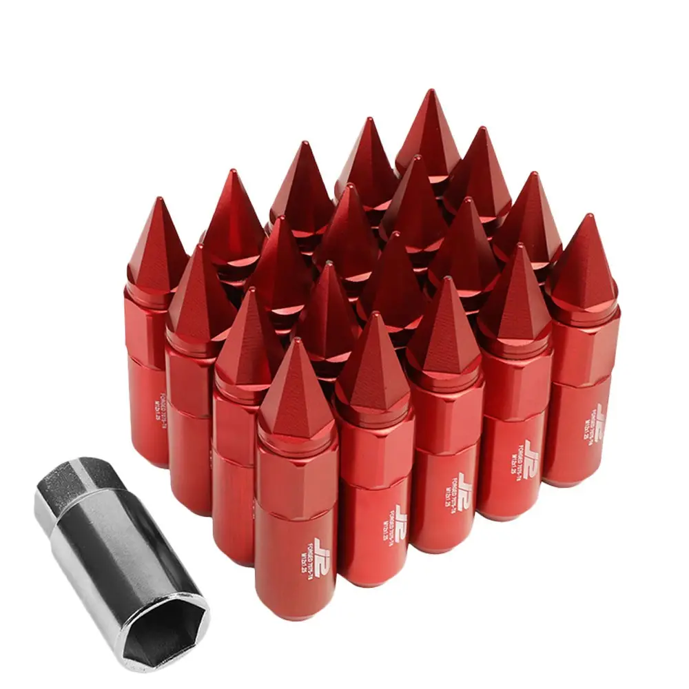 20Pcs J2 Engineering Forged Aluminum Red Lug Nut [Open End Acorn W/ Spike Cap T7-017] [Conical Seat / M12 X 1.25] 1