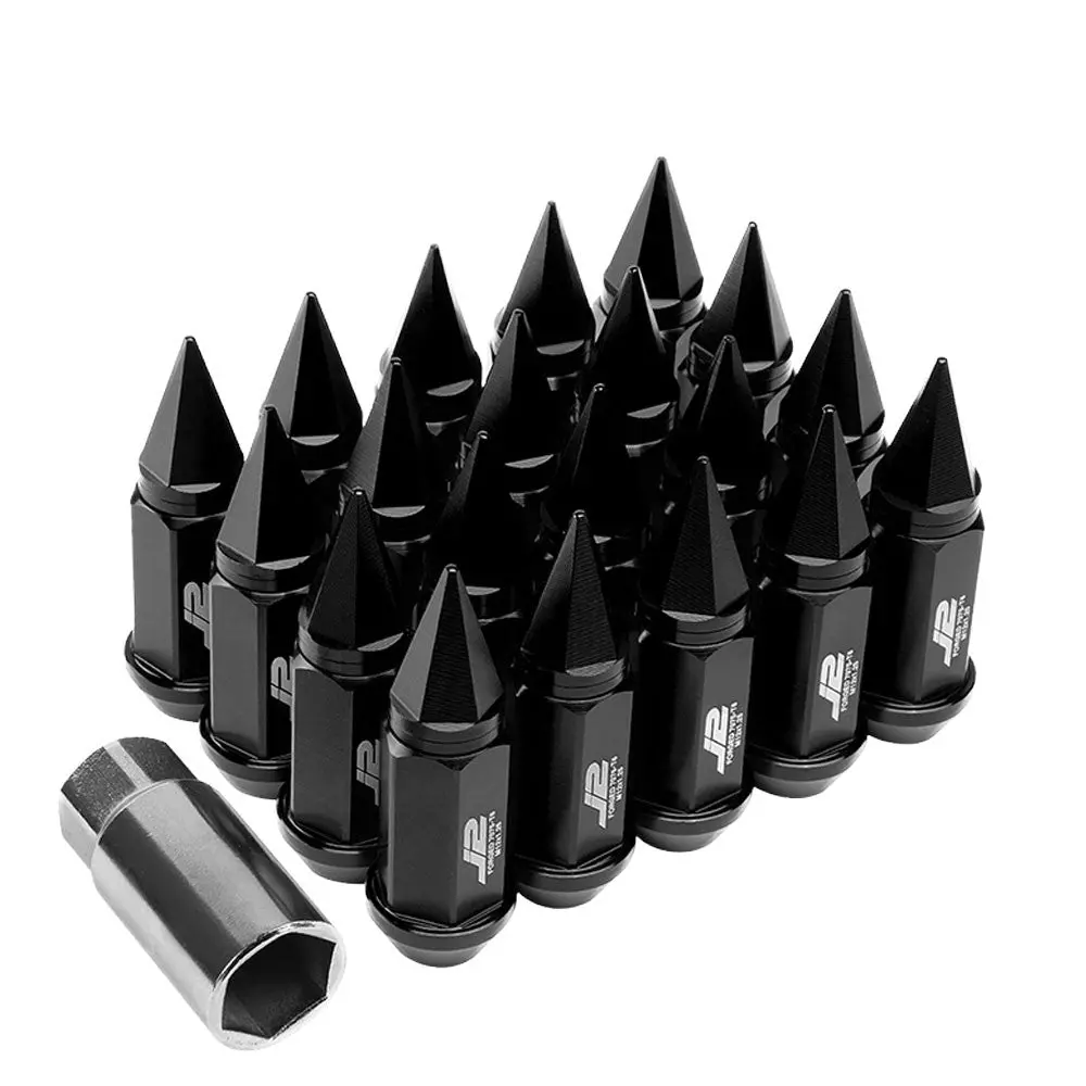 20Pcs J2 Engineering Forged Aluminum Black Lug Nut [Open End Acorn W/ Spike Cap T7-020] [Conical Seat / M12 X 1.25] 1