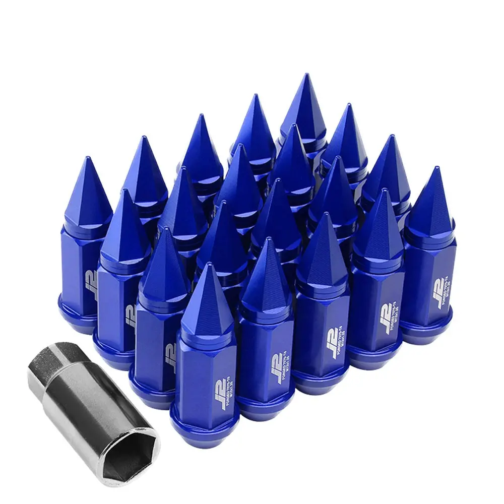 20Pcs J2 Engineering Forged Aluminum Blue Lug Nut [Open End Acorn W/ Spike Cap T7-020] [Conical Seat / M12 X 1.25] 1