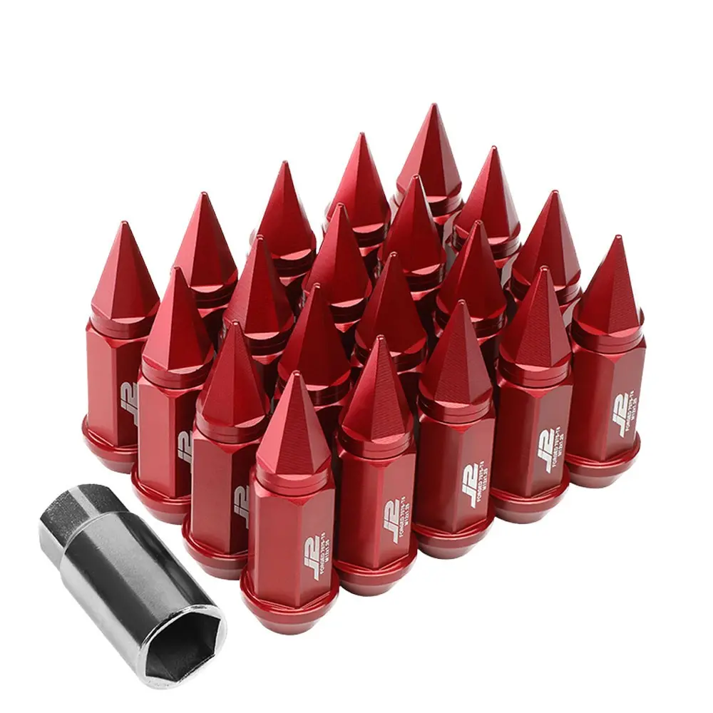 20Pcs J2 Engineering Forged Aluminum Red Lug Nut [Open End Acorn W/ Spike Cap T7-020] [Conical Seat / M12 X 1.25] 1