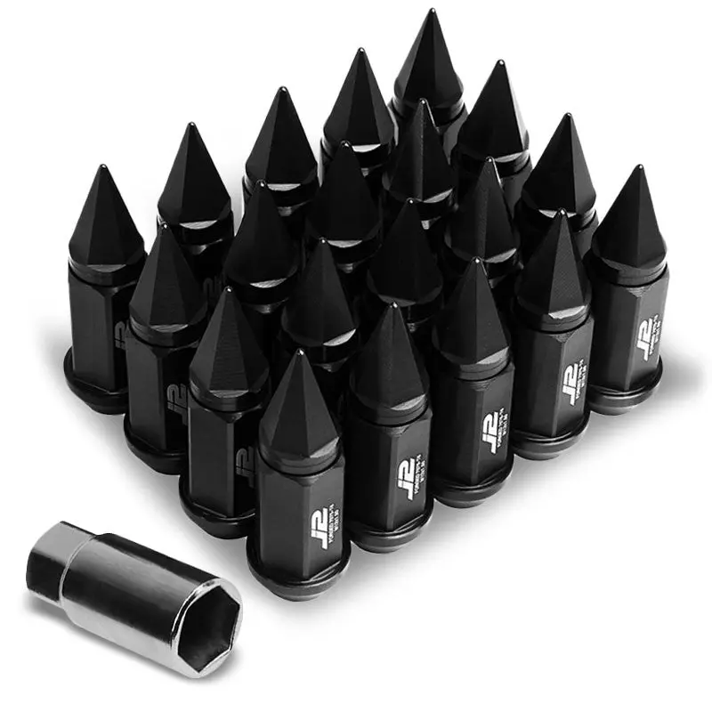 20Pcs J2 Engineering Forged Aluminum Black Lug Nut [Open End Acorn W/ Spike Cap T7-020] [Conical Seat / M12 X 1.50] 1