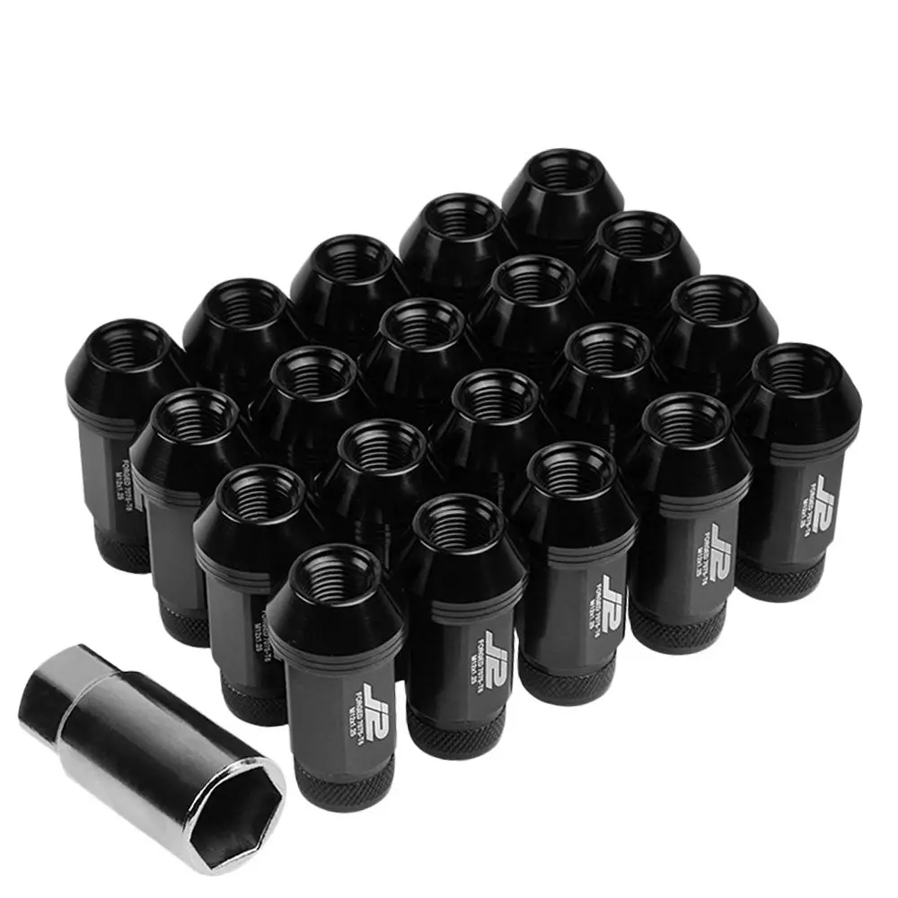 20Pcs J2 Engineering Forged Aluminum Black Lug Nut [Open Knurled End Acorn T7-021] [Conical Seat / M12 X 1.25] 1