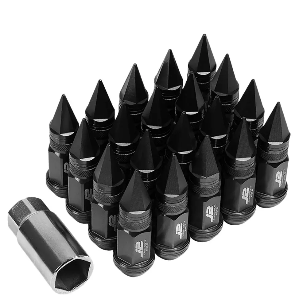 20Pcs J2 Engineering Forged Aluminum Black Lug Nut [Open Knurled End Acorn W/ Spike Cap T7-022] [Conical Seat / M12 X 1.25] 1