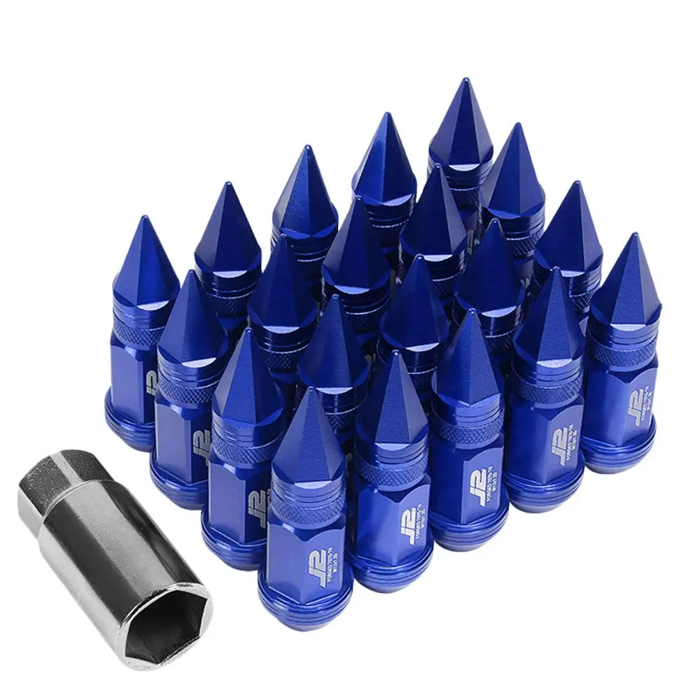 20Pcs J2 Engineering Forged Aluminum Blue Lug Nut [Open Knurled End Acorn W/ Spike Cap T7-022] [Conical Seat / M12 X 1.25] 1