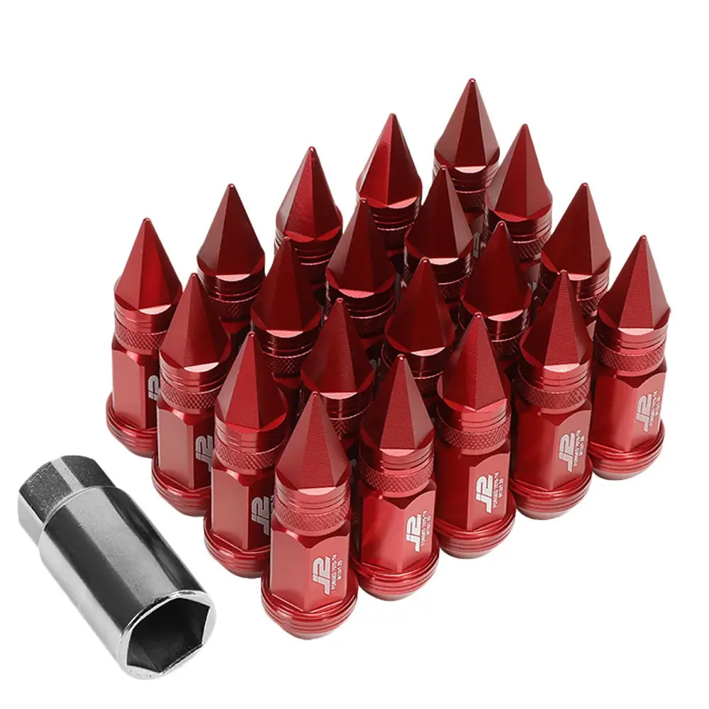 20Pcs J2 Engineering Forged Aluminum Red Lug Nut [Open Knurled End Acorn W/ Spike Cap T7-022] [Conical Seat / M12 X 1.25] 1