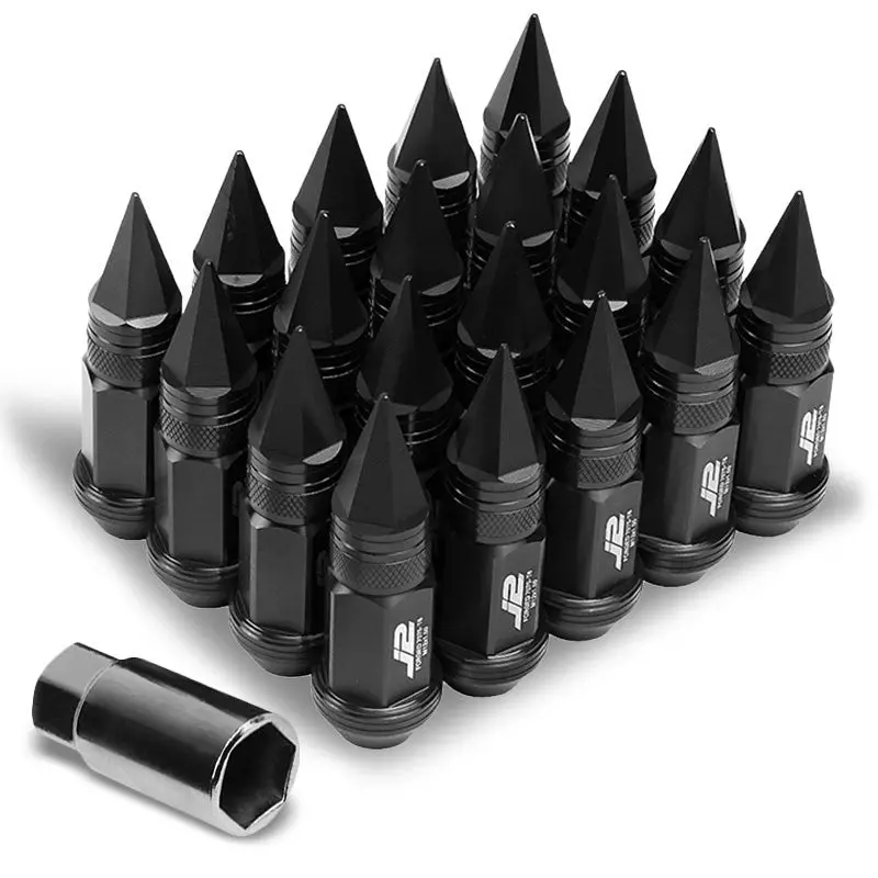 20Pcs J2 Engineering Forged Aluminum Black Lug Nut [Open Knurled End Acorn W/ Spike Cap T7-022] [Conical Seat / M12 X 1.50] 1