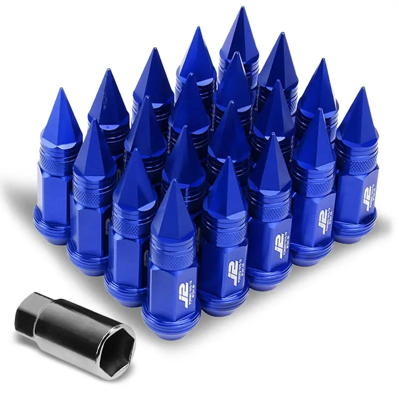 20Pcs J2 Engineering Forged Aluminum Blue Lug Nut [Open Knurled End Acorn W/ Spike Cap T7-022] [Conical Seat / M12 X 1.50] 1
