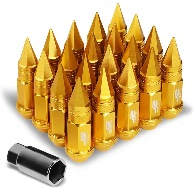 20Pcs J2 Engineering Forged Aluminum Gold Lug Nut [Open Knurled End Acorn W/ Spike Cap T7-022] [Conical Seat / M12 X 1.50] 1
