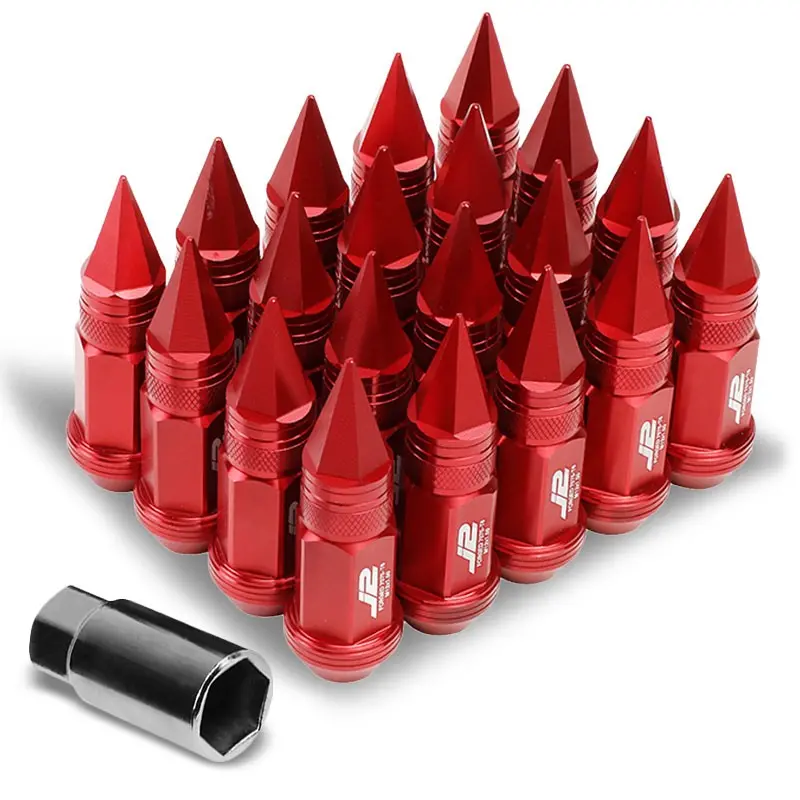 20Pcs J2 Engineering Forged Aluminum Red Lug Nut [Open Knurled End Acorn W/ Spike Cap T7-022] [Conical Seat / M12 X 1.50] 1