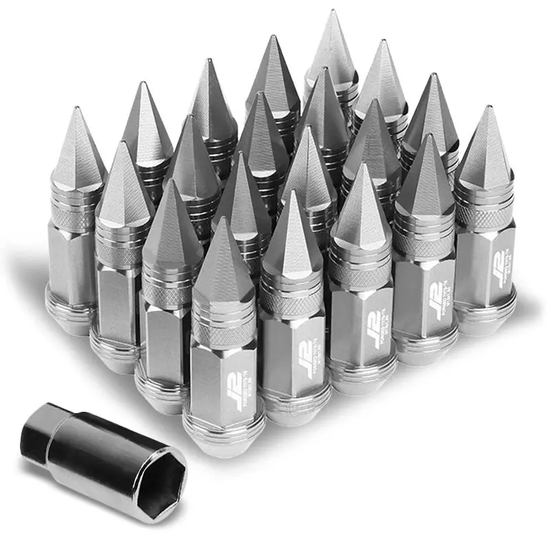 20Pcs J2 Engineering Forged Aluminum Silver Lug Nut [Open Knurled End Acorn W/ Spike Cap T7-022] [Conical Seat / M12 X 1.50] 1