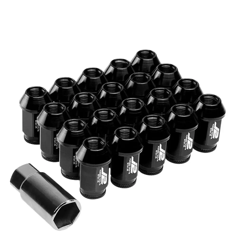 20Pcs J2 Engineering Forged Aluminum Black Lug Nut [Open Knurled End Acorn T7-023] [Conical Seat / M12 X 1.25] 1