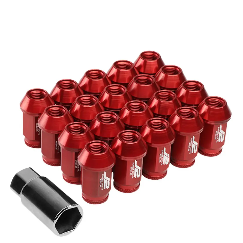 20Pcs J2 Engineering Forged Aluminum Red Lug Nut [Open Knurled End Acorn T7-023] [Conical Seat / M12 X 1.25] 1