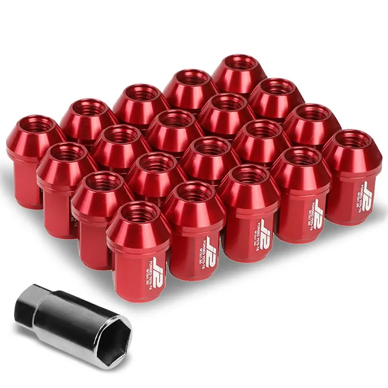 20Pcs J2 Engineering Forged Aluminum Red Lug Nut [Close End Acorn T7-024] [Conical Seat / M12 X 1.50] 1