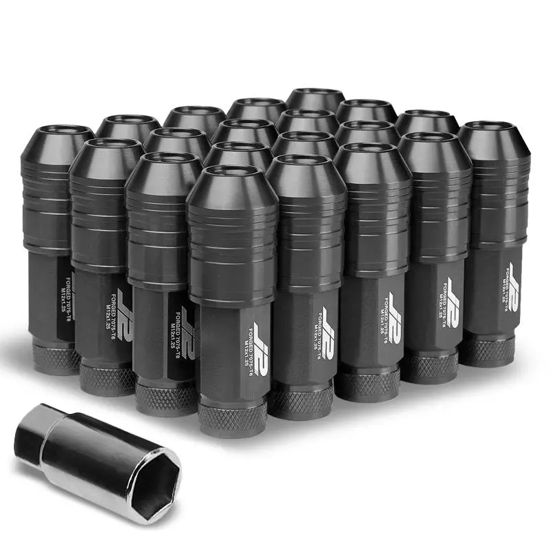 20Pcs J2 Engineering Aluminum Black Lug Nut [Open Knurled End Acorn T7-025] [Conical Seat / M12 X 1.25] 1