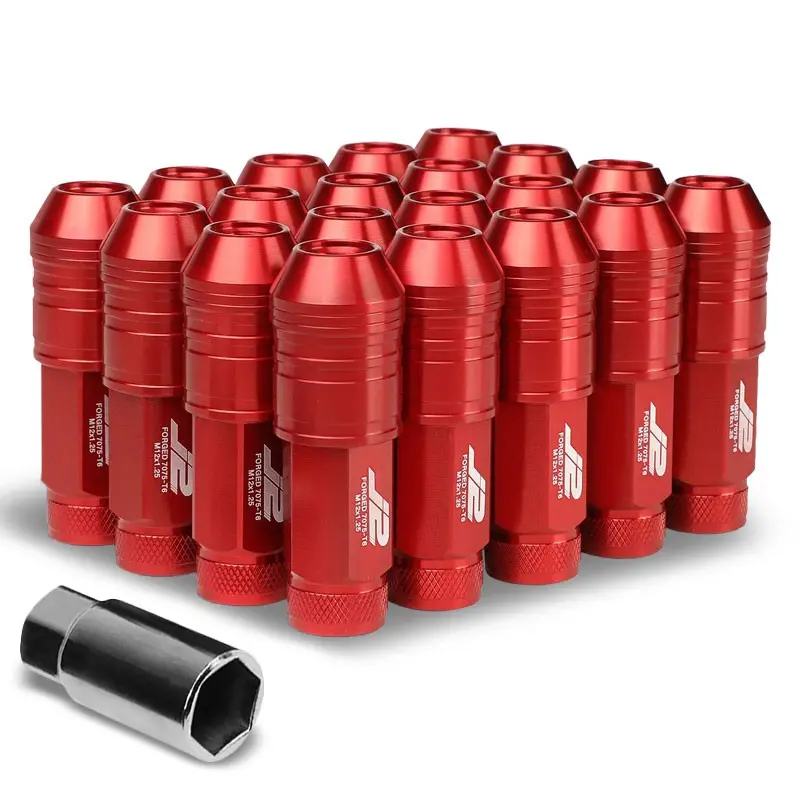 20Pcs J2 Engineering Aluminum Red Lug Nut [Open Knurled End Acorn T7-025] [Conical Seat / M12 X 1.25] 1