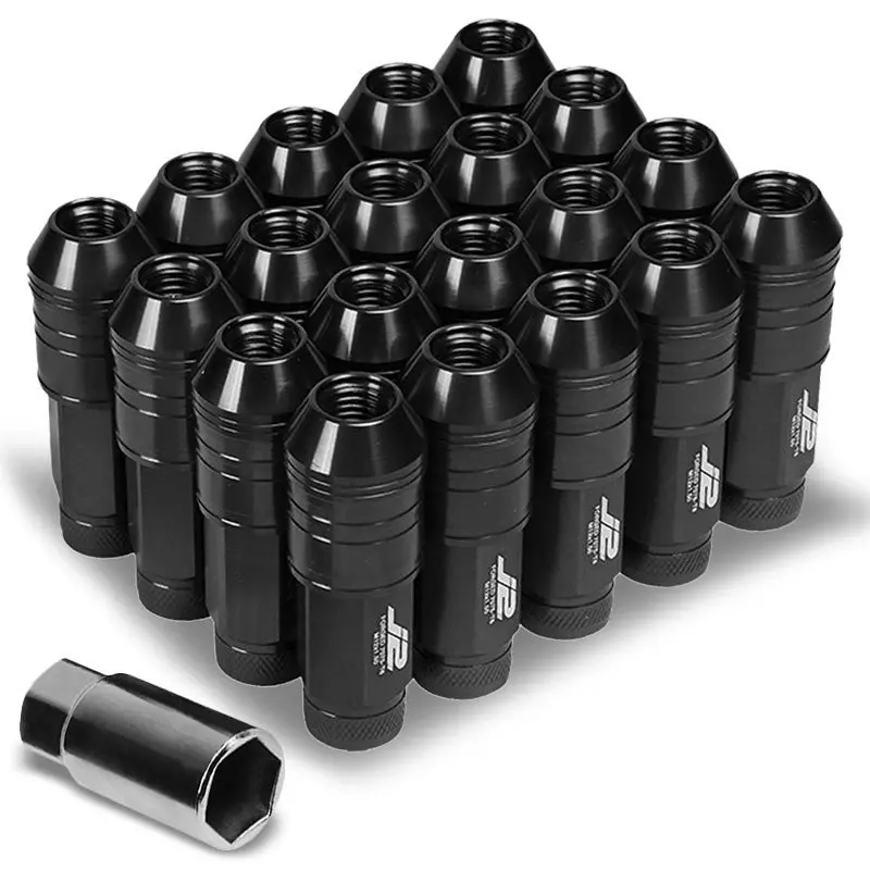 20Pcs J2 Engineering Forged Aluminum Black Lug Nut [Open Knurled End Acorn T7-025] [Conical Seat / M12 X 1.50] 1