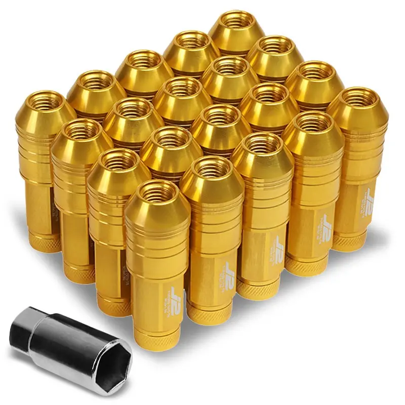 20Pcs J2 Engineering Forged Aluminum Gold Lug Nut [Open Knurled End Acorn T7-025] [Conical Seat / M12 X 1.50] 1