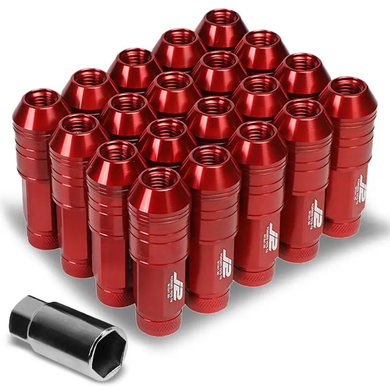 20Pcs J2 Engineering Forged Aluminum Red Lug Nut [Open Knurled End Acorn T7-025] [Conical Seat / M12 X 1.50] 1