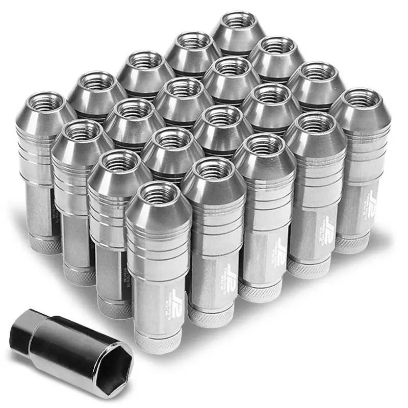 20Pcs J2 Engineering Forged Aluminum Silver Lug Nut [Open Knurled End Acorn T7-025] [Conical Seat / M12 X 1.50] 1