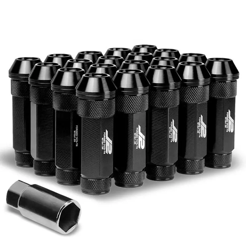 20Pcs J2 Engineering Aluminum Black Lug Nut [Open Double Knurled End Acorn T7-026] [Conical Seat / M12 X 1.25] 1
