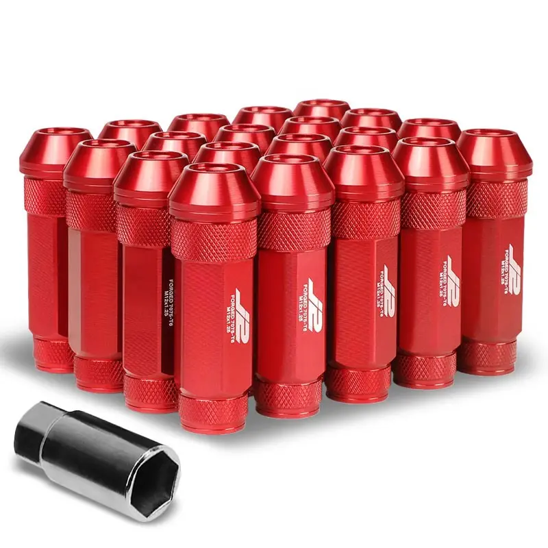 20Pcs J2 Engineering Aluminum Red Lug Nut [Open Double Knurled End Acorn T7-026] [Conical Seat / M12 X 1.25] 1