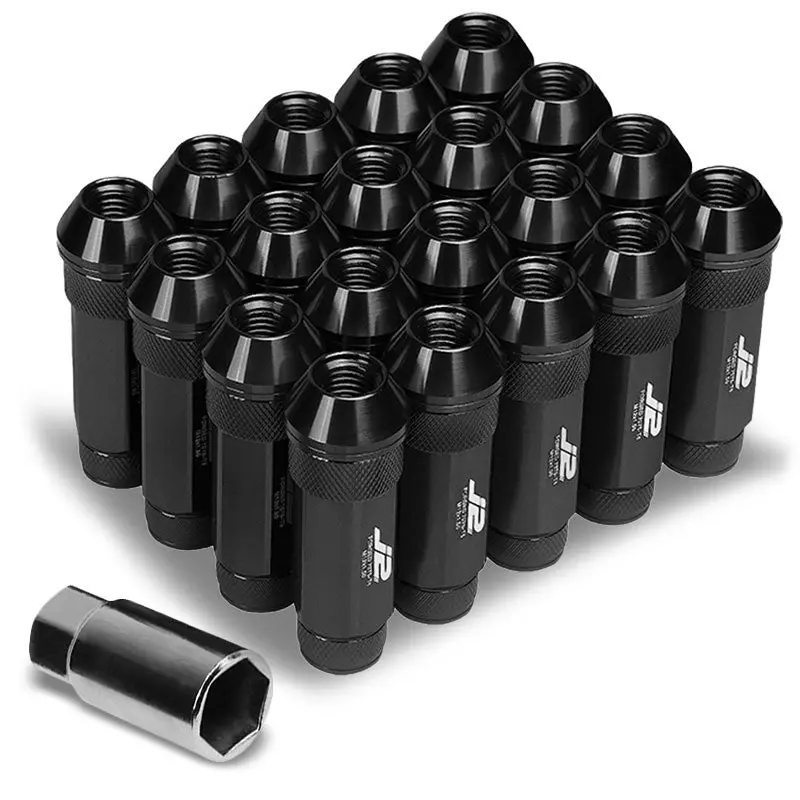 20Pcs J2 Engineering Forged Aluminum Black Lug Nut [Open Double Knurled End Acorn T7-026] [Conical Seat / M12 X 1.50] 1