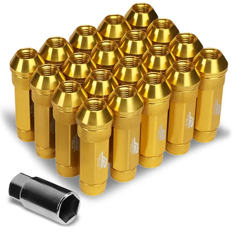 20Pcs J2 Engineering Forged Aluminum Gold Lug Nut [Open Double Knurled End Acorn T7-026] [Conical Seat / M12 X 1.50] 1
