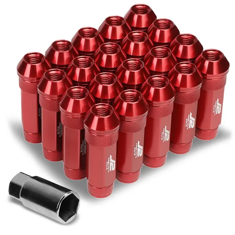 20Pcs J2 Engineering Forged Aluminum Red Lug Nut [Open Double Knurled End Acorn T7-026] [Conical Seat / M12 X 1.50] 1