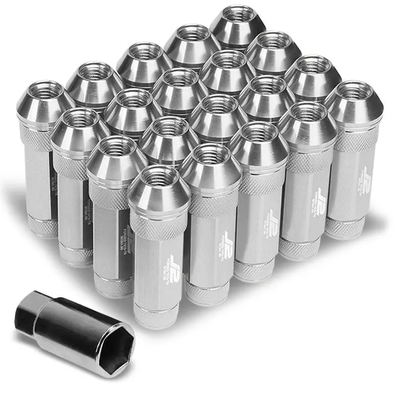 20Pcs J2 Engineering Forged Aluminum Silver Lug Nut [Open Double Knurled End Acorn T7-026] [Conical Seat / M12 X 1.50] 1