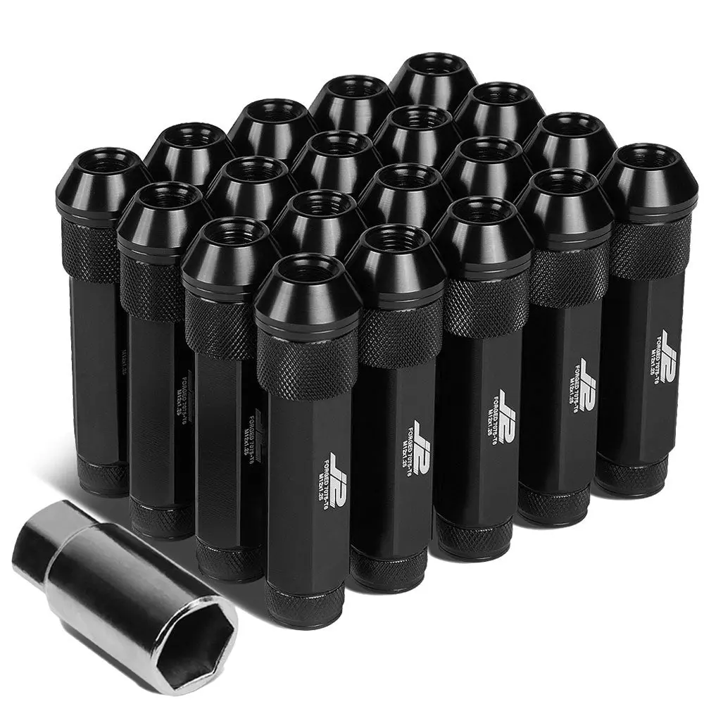 20Pcs J2 Engineering Forged Aluminum Black Lug Nut [Open Double Knurled End Acorn T7-027] [Conical Seat / M12 X 1.25] 1