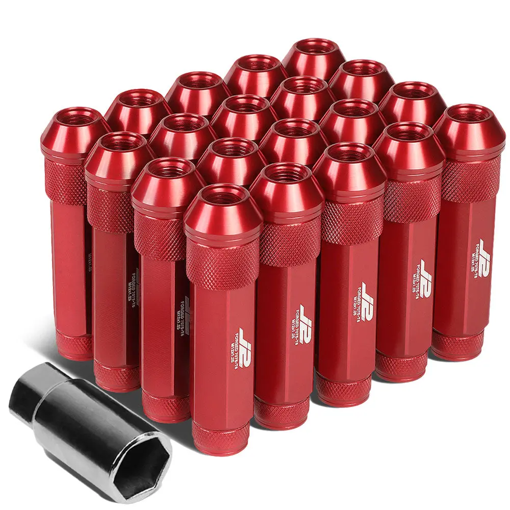 20Pcs J2 Engineering Forged Aluminum Red Lug Nut [Open Double Knurled End Acorn T7-027] [Conical Seat / M12 X 1.25] 1