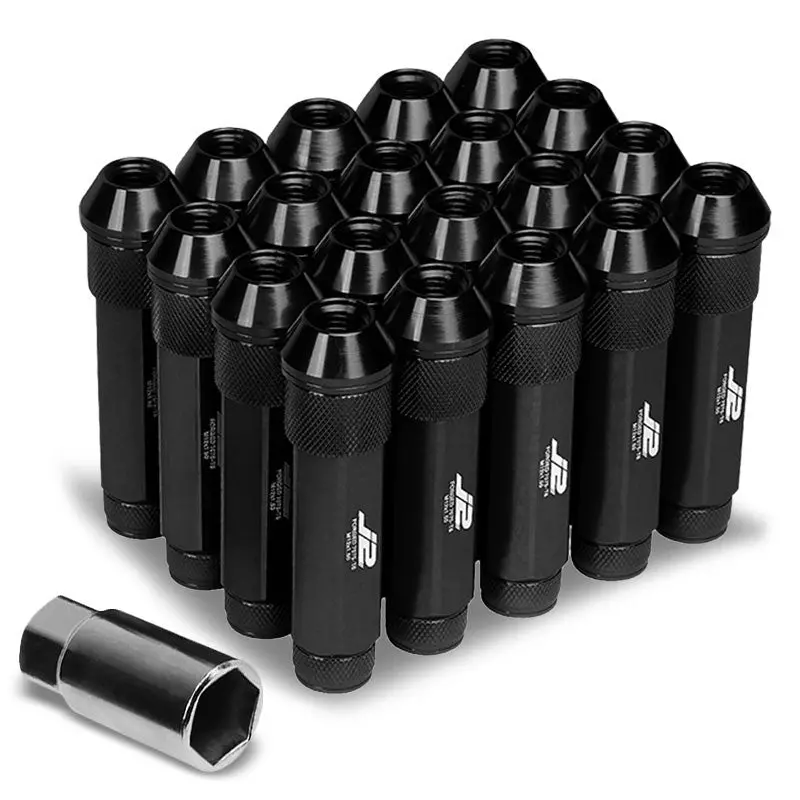 20Pcs J2 Engineering Forged Aluminum Black Lug Nut [Open Double Knurled End Acorn T7-027] [Conical Seat / M12 X 1.50] 1