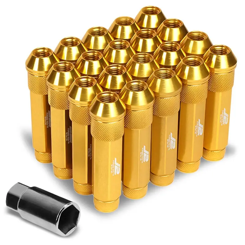 20Pcs J2 Engineering Forged Aluminum Gold Lug Nut [Open Double Knurled End Acorn T7-027] [Conical Seat / M12 X 1.50] 1