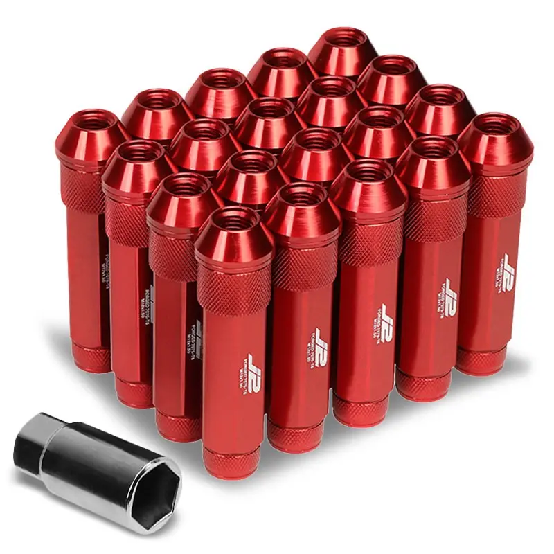 20Pcs J2 Engineering Forged Aluminum Red Lug Nut [Open Double Knurled End Acorn T7-027] [Conical Seat / M12 X 1.50] 1